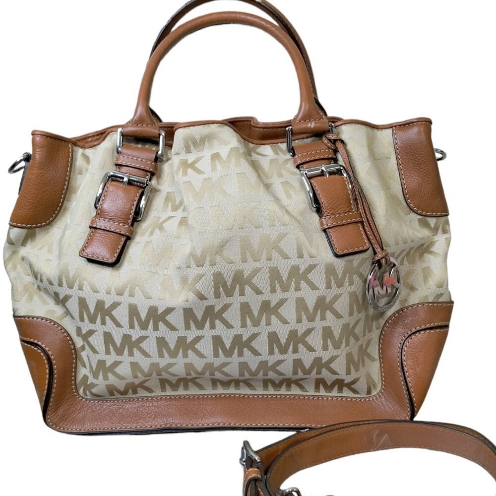 (786) Michael Kors Beige/Brown Canvas & Leather Large Brookville Tote